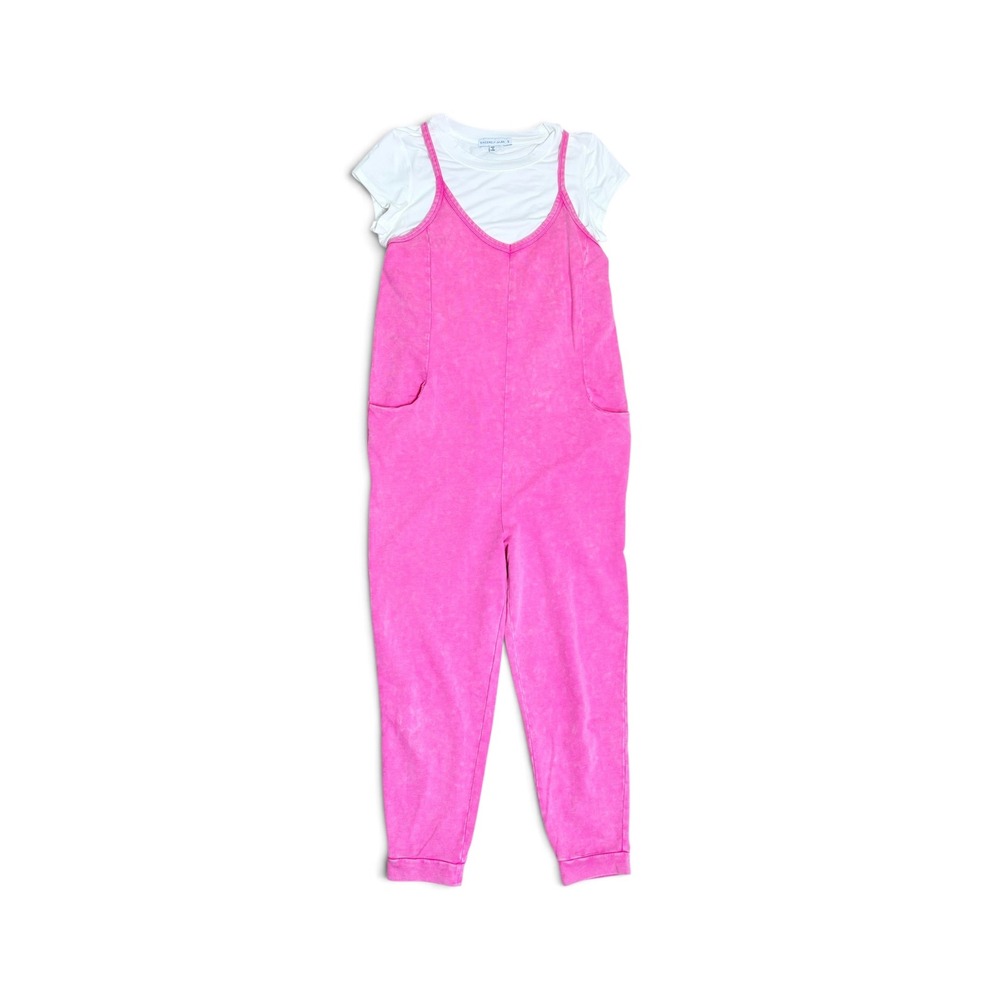 Sincerely Jules Hot Pink Overalls & Babydoll Tee Set Size Small Comfy Casual